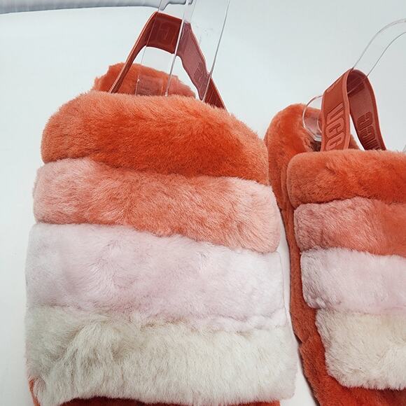 UGG Sheepskin Slides Women 11 Fluff Yeah Pink Peach Ombre Stripe Comfort Slipper - Picture 2 of 12